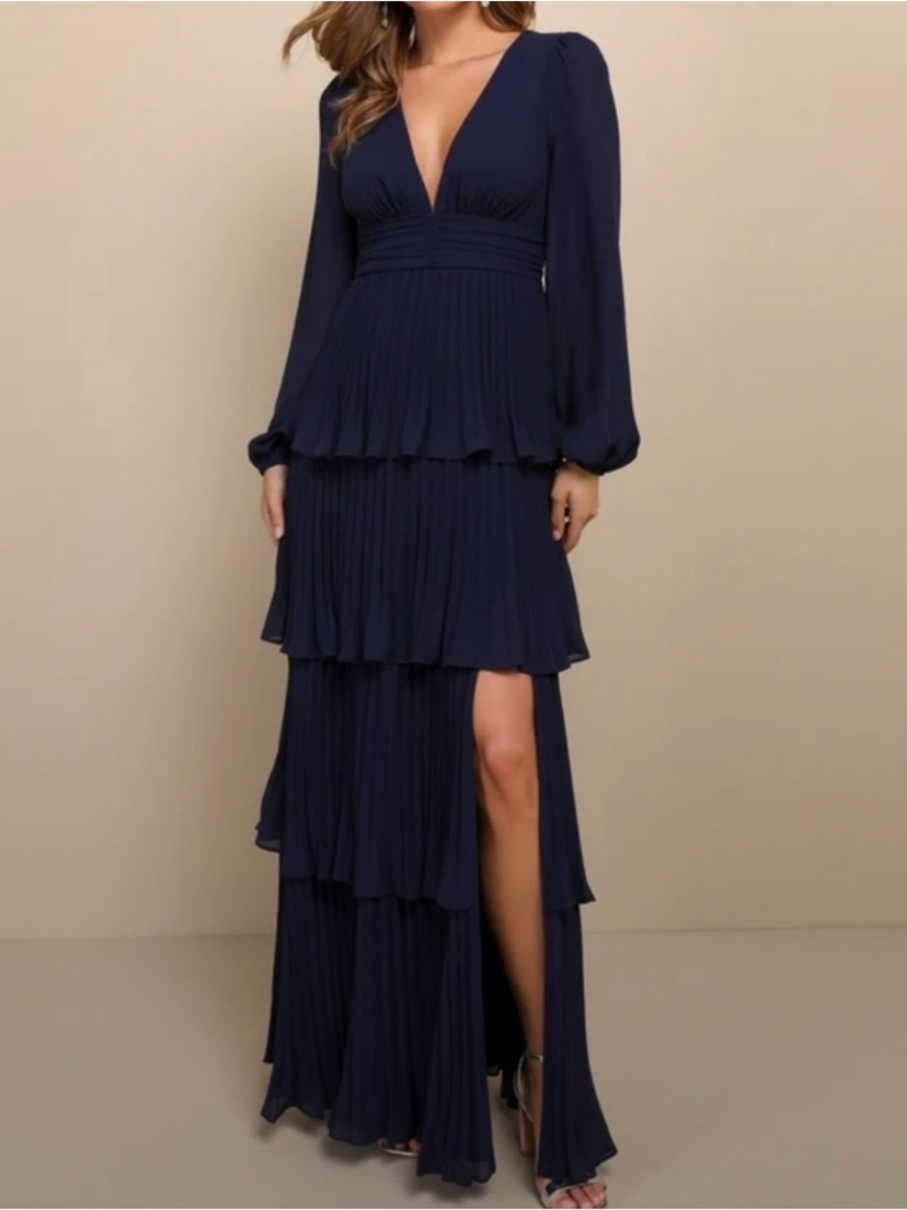 Lulu's Navy Pleated Tiered Maxi Dress with Deep V-Neck